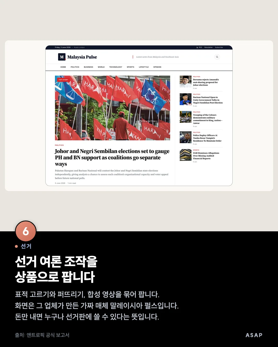 선거 선거 여론 조작을 상품으로 팝니다 표적 고르기와 퍼뜨리기, 합성 영상을 묶어 팝니다. 화면은 그 업체가 만든 가짜 매체 말레이시아 펄스입니다. 돈만 내면 누구나 선거판에 쓸 수 있다는 뜻입니다. 출처: 앤트로픽 공식 보고서
