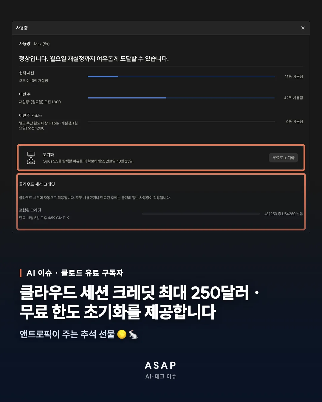 AI 이슈 · 클로드 유료 구독자 클라우드 세션 크레딧 최대 250달러 · 무료 한도 초기화를 제공합니다 앤트로픽이 주는 추석 선물 🌕 🐇 ASAP AI·테크 이슈