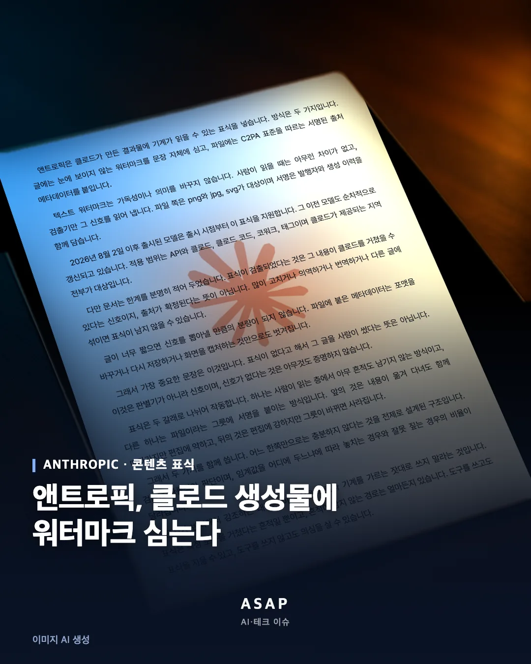 ANTHROPIC · 콘텐츠 표식 앤트로픽, 클로드 생성물에 워터마크 심는다 ASAP AI·테크 이슈 이미지 AI 생성
