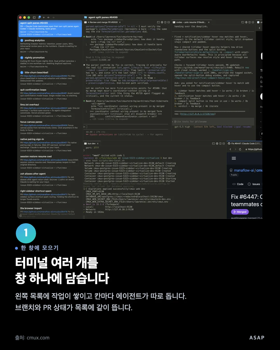 한 창에 모으기 터미널 여러 개를 창 하나에 담습니다 왼쪽 목록에 작업이 쌓이고 칸마다 에이전트가 따로 돕니다. 브랜치와 PR 상태가 목록에 같이 뜹니다. 출처: cmux.com