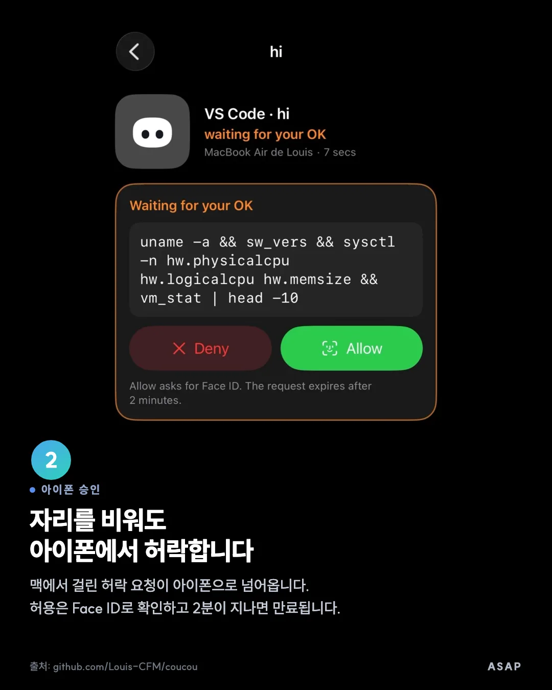 아이폰 승인 자리를 비워도 아이폰에서 허락합니다 맥에서 걸린 허락 요청이 아이폰으로 넘어옵니다. 허용은 Face ID로 확인하고 2분이 지나면 만료됩니다. 출처: github.com/Louis-CFM/coucou