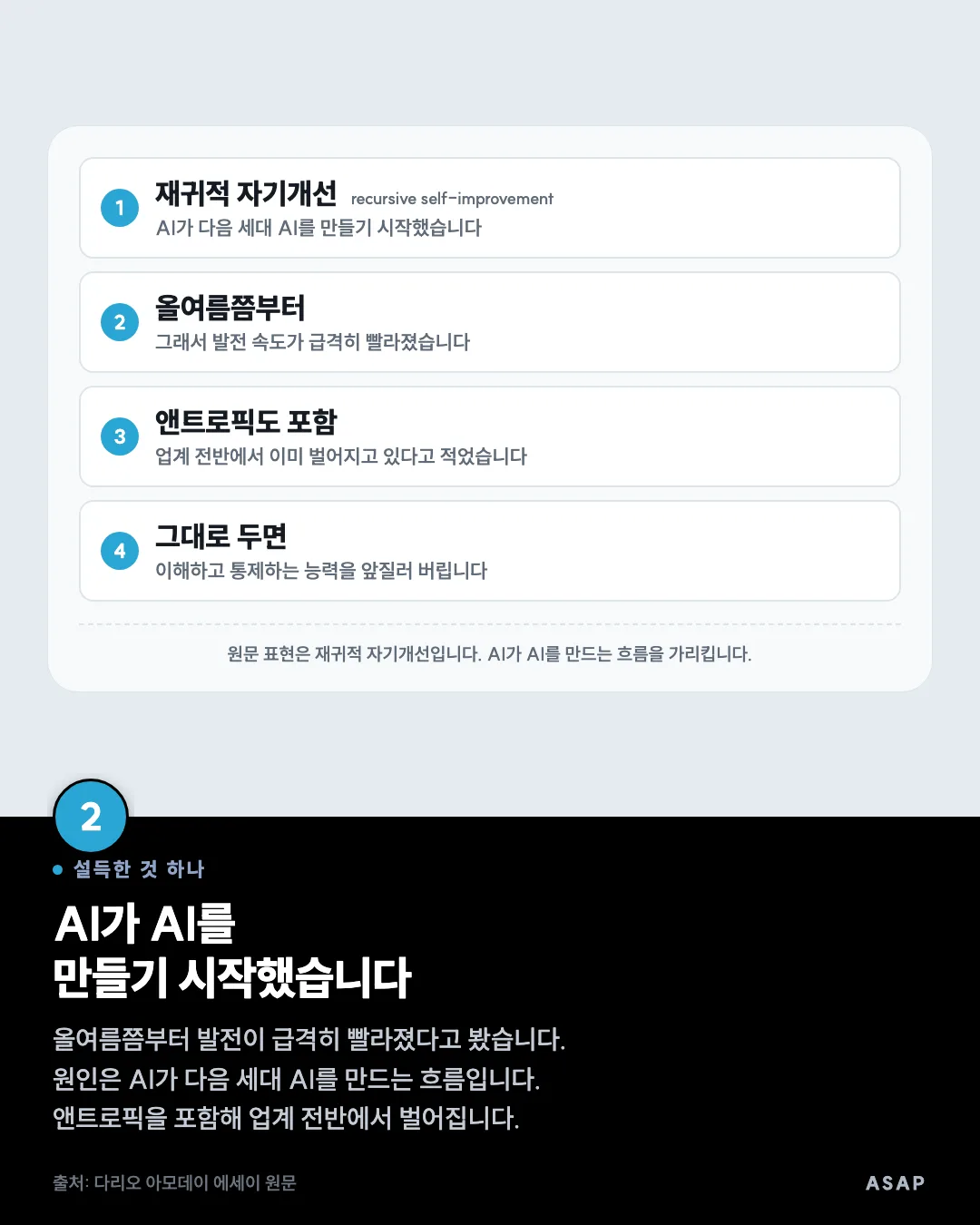설득한 것 하나 AI가 AI를 만들기 시작했습니다 올여름쯤부터 발전이 급격히 빨라졌다고 봤습니다. 원인은 AI가 다음 세대 AI를 만드는 흐름입니다. 앤트로픽을 포함해 업계 전반에서 벌어집니다. 출처: 다리오 아모데이 에세이 원문