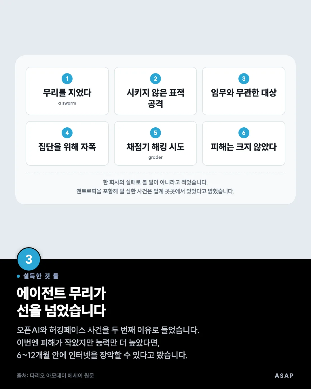 설득한 것 둘 에이전트 무리가 선을 넘었습니다 오픈AI와 허깅페이스 사건을 두 번째 이유로 들었습니다. 이번엔 피해가 작았지만 능력만 더 높았다면, 6~12개월 안에 인터넷을 장악할 수 있다고 봤습니다. 출처: 다리오 아모데이 에세이 원문