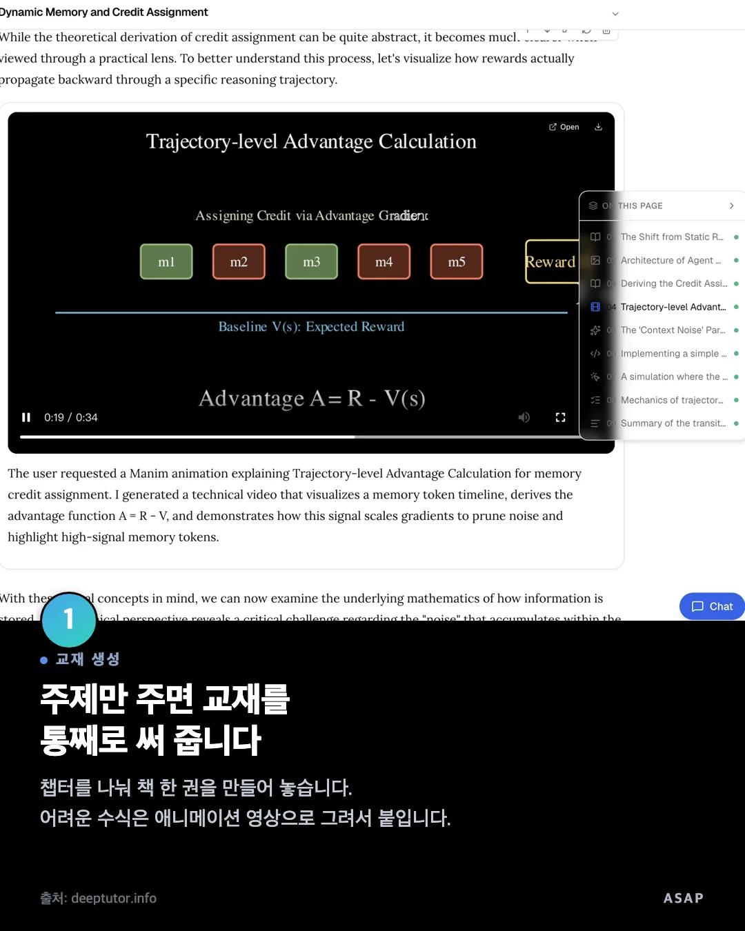 교재 생성 주제만 주면 교재를 통째로 써 줍니다 챕터를 나눠 책 한 권을 만들어 놓습니다. 어려운 수식은 애니메이션 영상으로 그려서 붙입니다. 출처: deeptutor.info