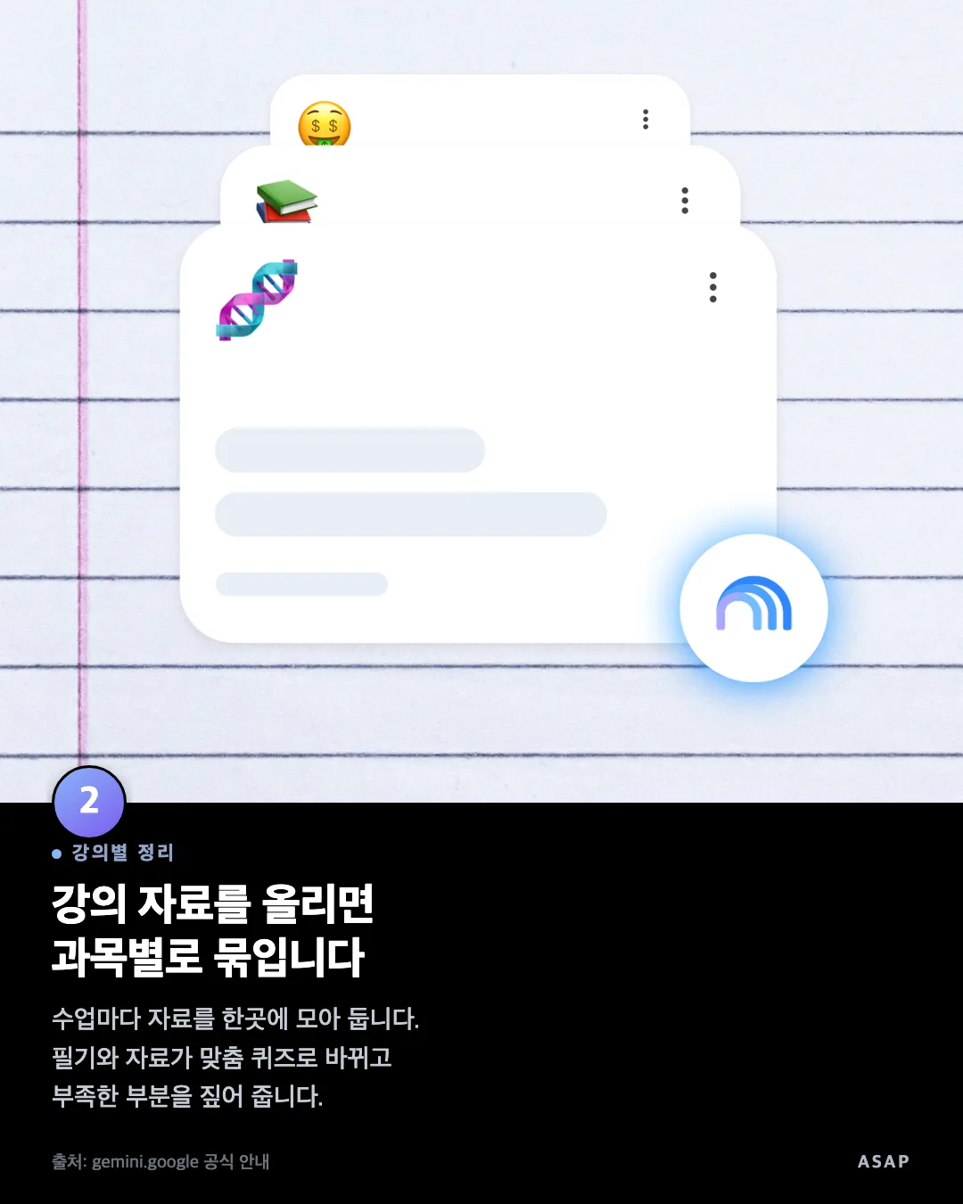 강의별 정리 강의 자료를 올리면 과목별로 묶입니다 수업마다 자료를 한곳에 모아 둡니다. 필기와 자료가 맞춤 퀴즈로 바뀌고 부족한 부분을 짚어 줍니다. 출처: gemini.google 공식 안내