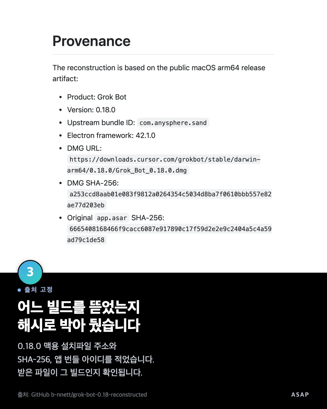 출처 고정 어느 빌드를 뜯었는지 해시로 박아 뒀습니다 0.18.0 맥용 설치파일 주소와 SHA-256, 앱 번들 아이디를 적었습니다. 받은 파일이 그 빌드인지 확인됩니다. 출처: GitHub b-nnett/grok-bot-0.18-reconstructed