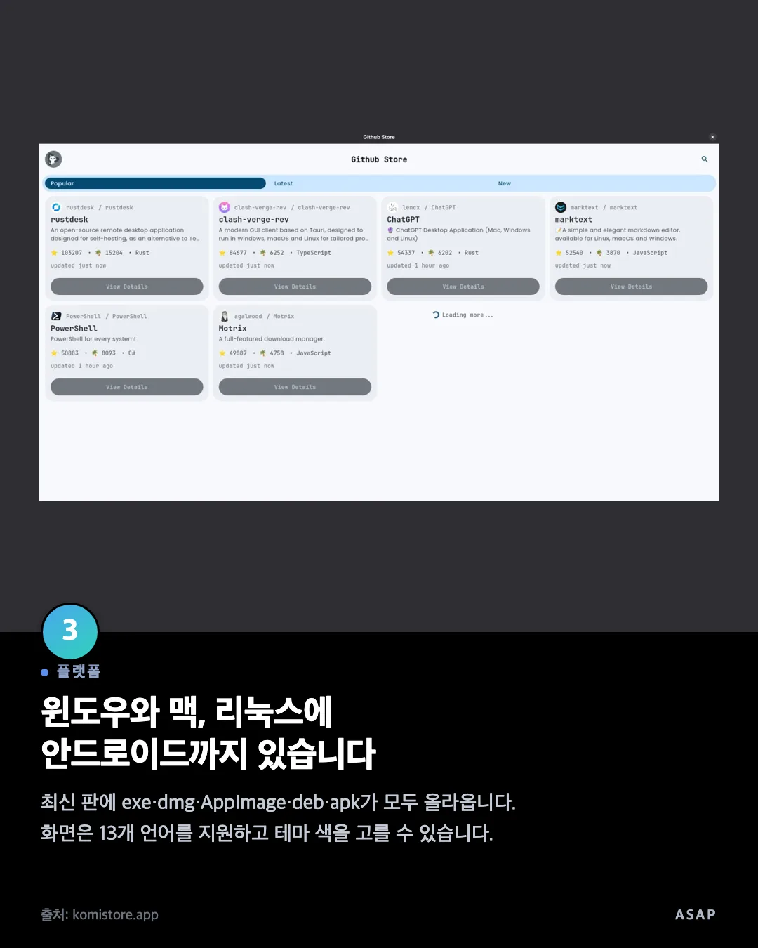 플랫폼 윈도우와 맥, 리눅스에 안드로이드까지 있습니다 최신 판에 exe·dmg·AppImage·deb·apk가 모두 올라옵니다. 화면은 13개 언어를 지원하고 테마 색을 고를 수 있습니다. 출처: komistore.app