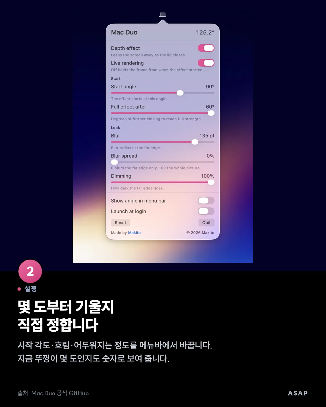 설정 몇 도부터 기울지 직접 정합니다 시작 각도·흐림·어두워지는 정도를 메뉴바에서 바꿉니다. 지금 뚜껑이 몇 도인지도 숫자로 보여 줍니다. 출처: Mac Duo 공식 GitHub