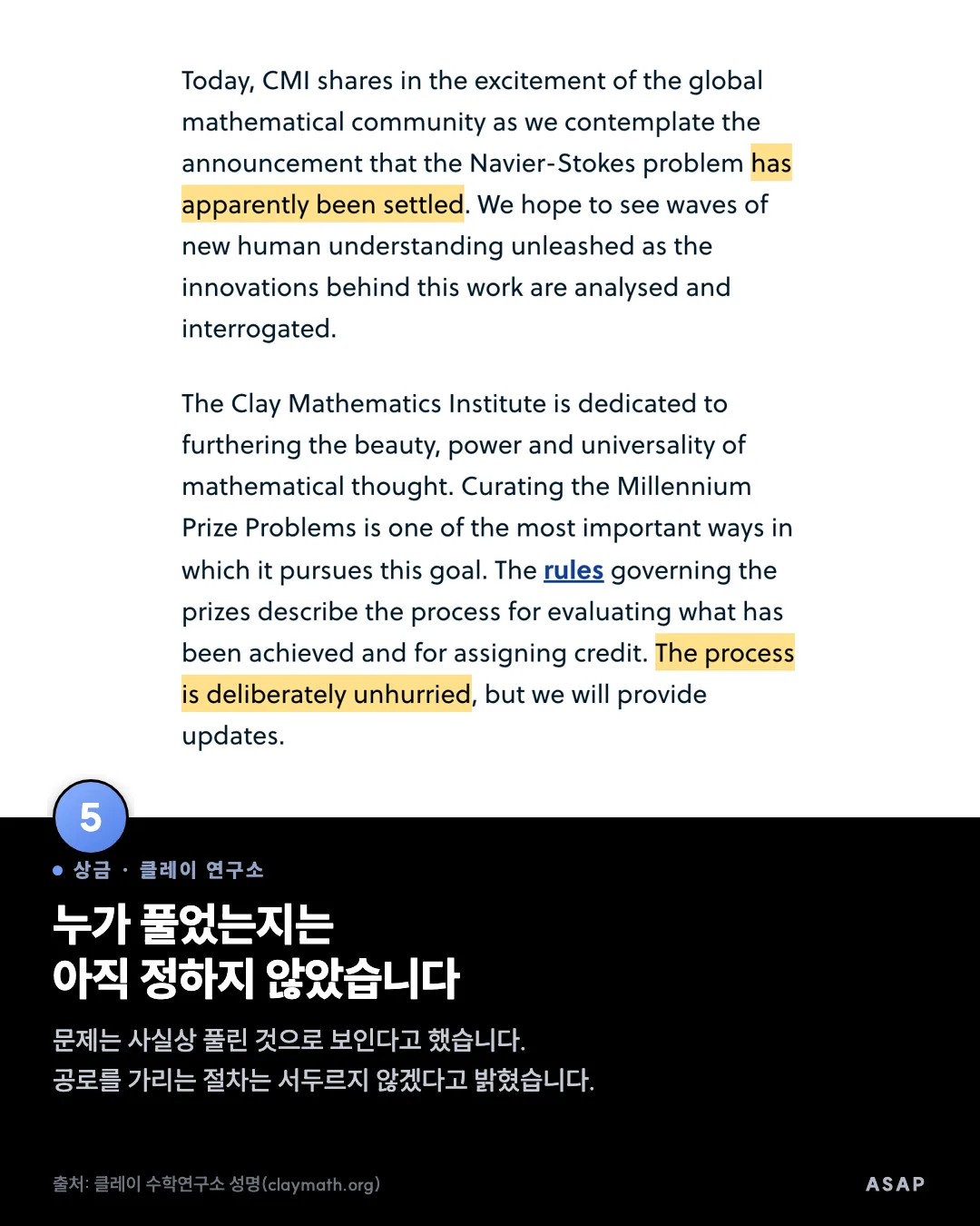 상금 · 클레이 연구소 누가 풀었는지는 아직 정하지 않았습니다 문제는 사실상 풀린 것으로 보인다고 했습니다. 공로를 가리는 절차는 서두르지 않겠다고 밝혔습니다. 출처: 클레이 수학연구소 성명(claymath.org)