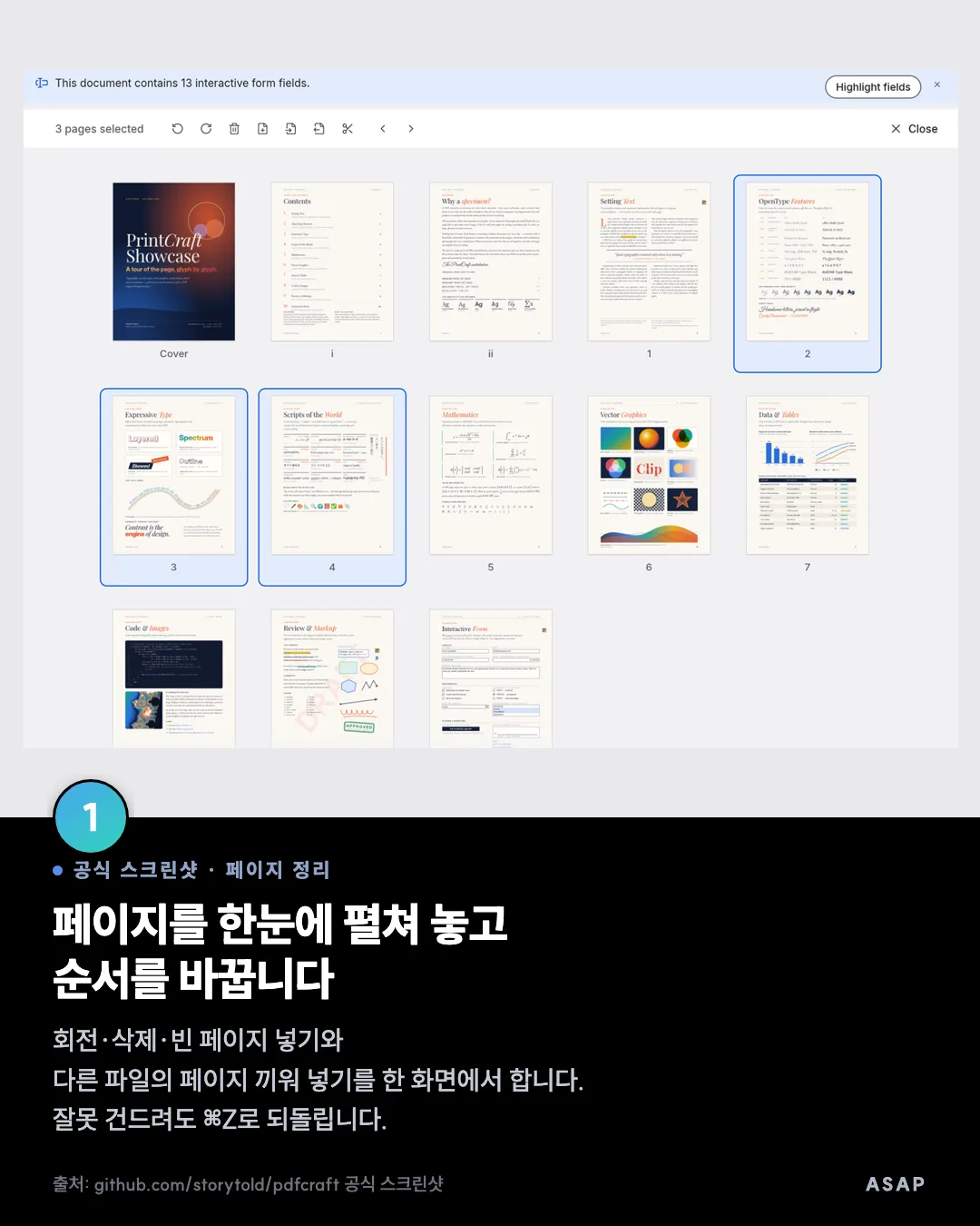 공식 스크린샷 · 페이지 정리 페이지를 한눈에 펼쳐 놓고 순서를 바꿉니다 회전·삭제·빈 페이지 넣기와 다른 파일의 페이지 끼워 넣기를 한 화면에서 합니다. 잘못 건드려도 ⌘Z로 되돌립니다. 출처: github.com/storytold/pdfcraft 공식 스크린샷