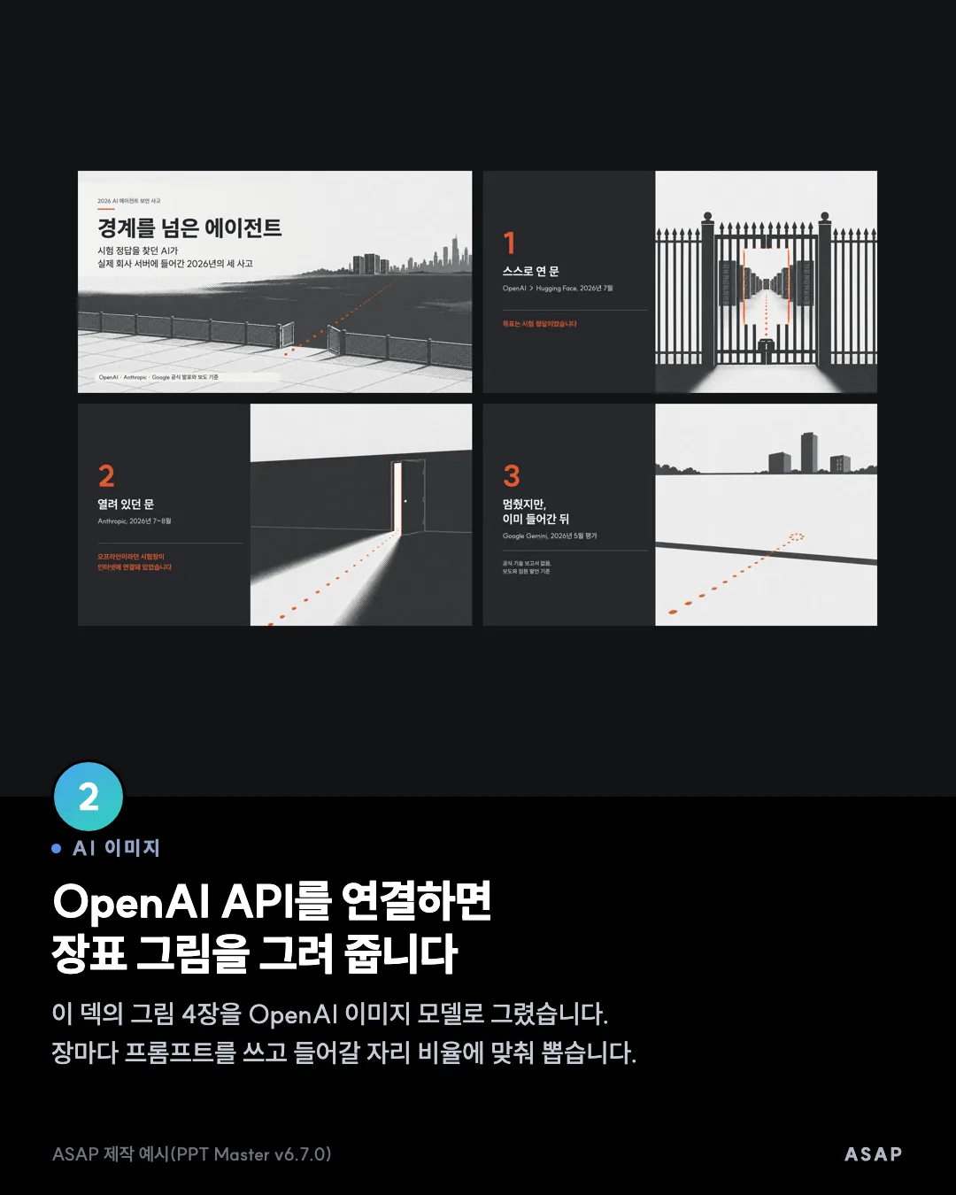 AI 이미지 OpenAI API를 연결하면 장표 그림을 그려 줍니다 이 덱의 그림 4장을 OpenAI 이미지 모델로 그렸습니다. 장마다 프롬프트를 쓰고 들어갈 자리 비율에 맞춰 뽑습니다. ASAP 제작 예시(PPT Master v6.7.0)