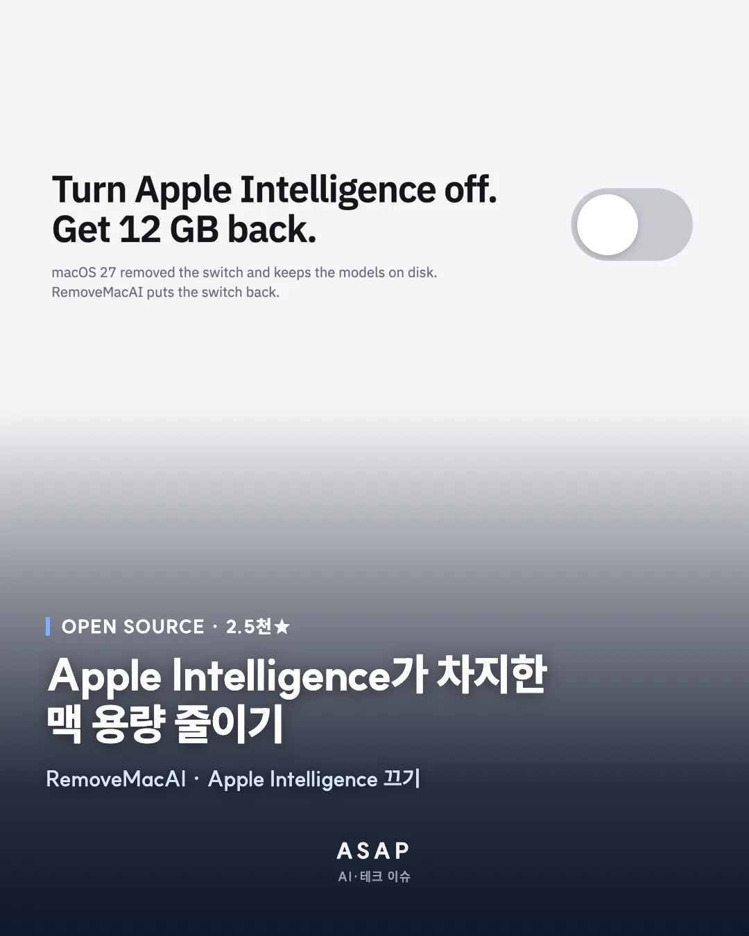 OPEN SOURCE · 2.5천★ Apple Intelligence가 차지한 맥 용량 줄이기 RemoveMacAI · Apple Intelligence 끄기 ASAP AI·테크 이슈