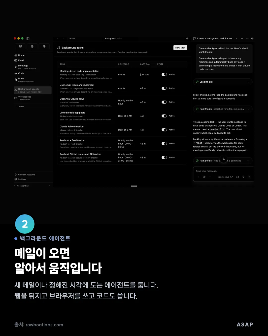 백그라운드 에이전트 메일이 오면 알아서 움직입니다 새 메일이나 정해진 시각에 도는 에이전트를 둡니다. 웹을 뒤지고 브라우저를 쓰고 코드도 씁니다. 출처: rowboatlabs.com