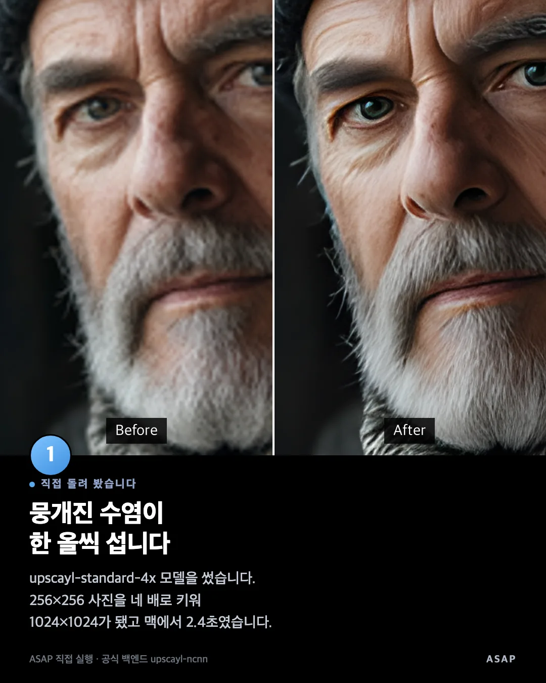 직접 돌려 봤습니다 뭉개진 수염이 한 올씩 섭니다 upscayl-standard-4x 모델을 썼습니다. 256×256 사진을 네 배로 키워 1024×1024가 됐고 맥에서 2.4초였습니다. ASAP 직접 실행 · 공식 백엔드 upscayl-ncnn