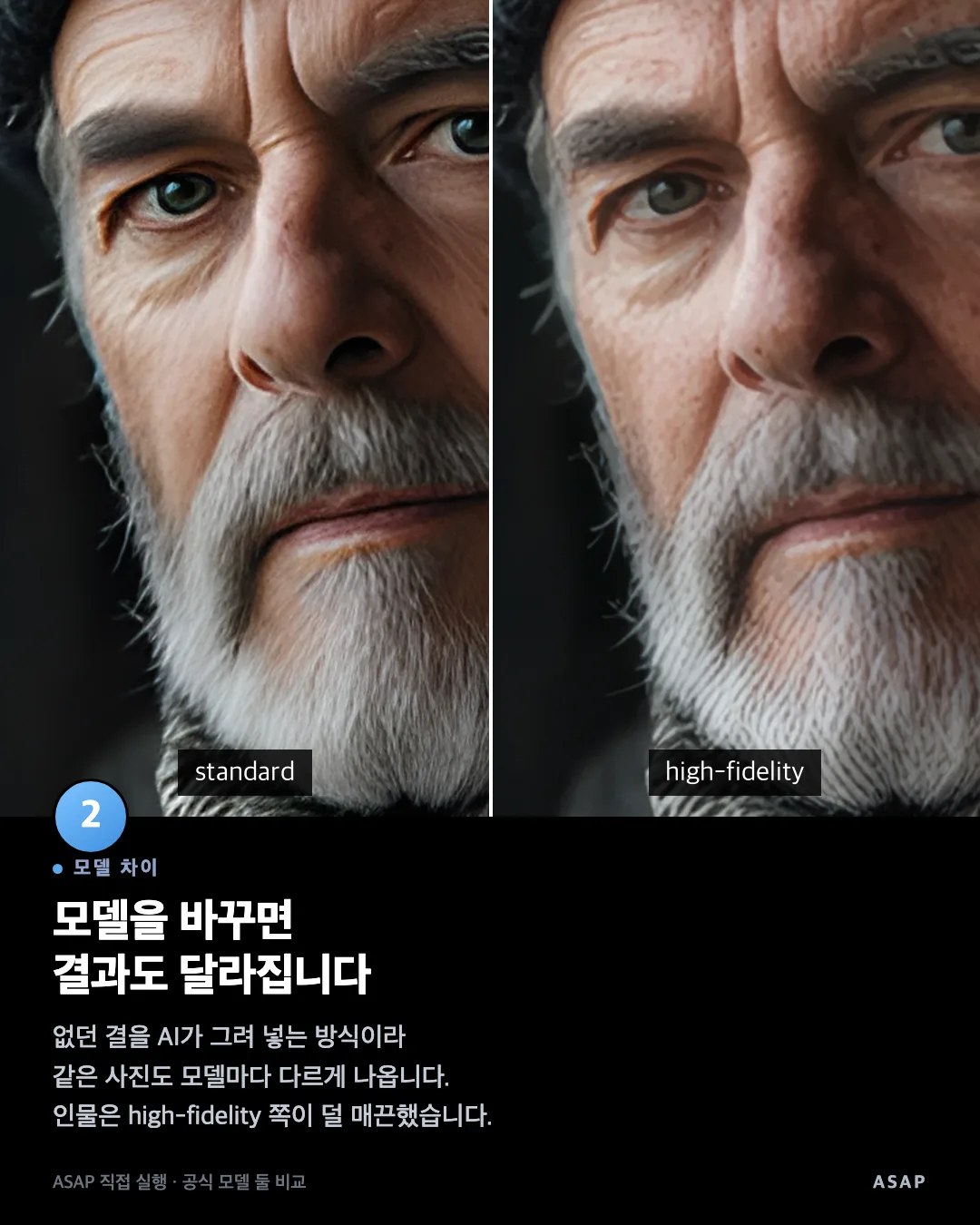 모델 차이 모델을 바꾸면 결과도 달라집니다 없던 결을 AI가 그려 넣는 방식이라 같은 사진도 모델마다 다르게 나옵니다. 인물은 high-fidelity 쪽이 덜 매끈했습니다. ASAP 직접 실행 · 공식 모델 둘 비교