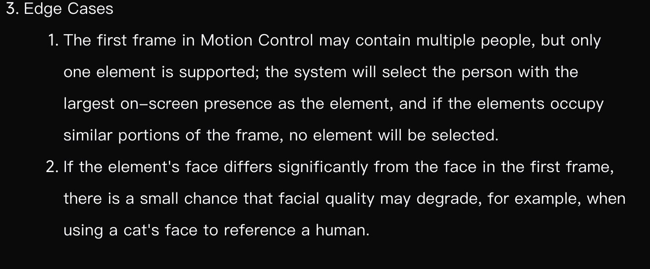 Edge cases section of Kling's official Motion Control guide stating that only one element is supported when the first frame has multiple people, and that the person with the largest on-screen presence is selected. Source: screenshot of Kling AI's official guide