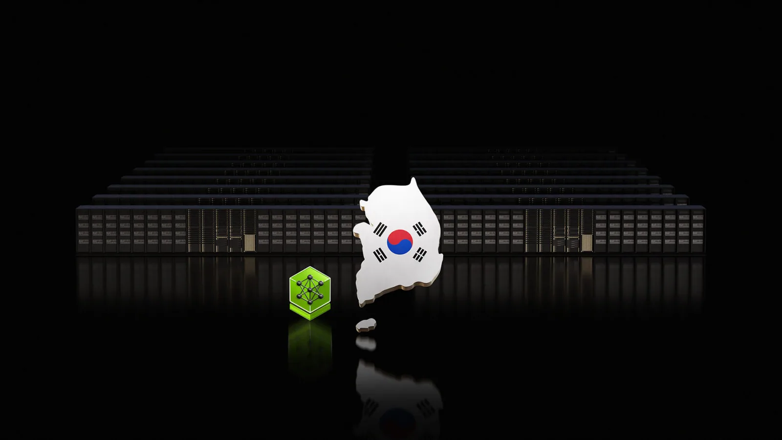한국 소버린 AI 인프라 구축 발표에 쓰인 NVIDIA 공식 이미지, 한반도와 GPU 서버 랙