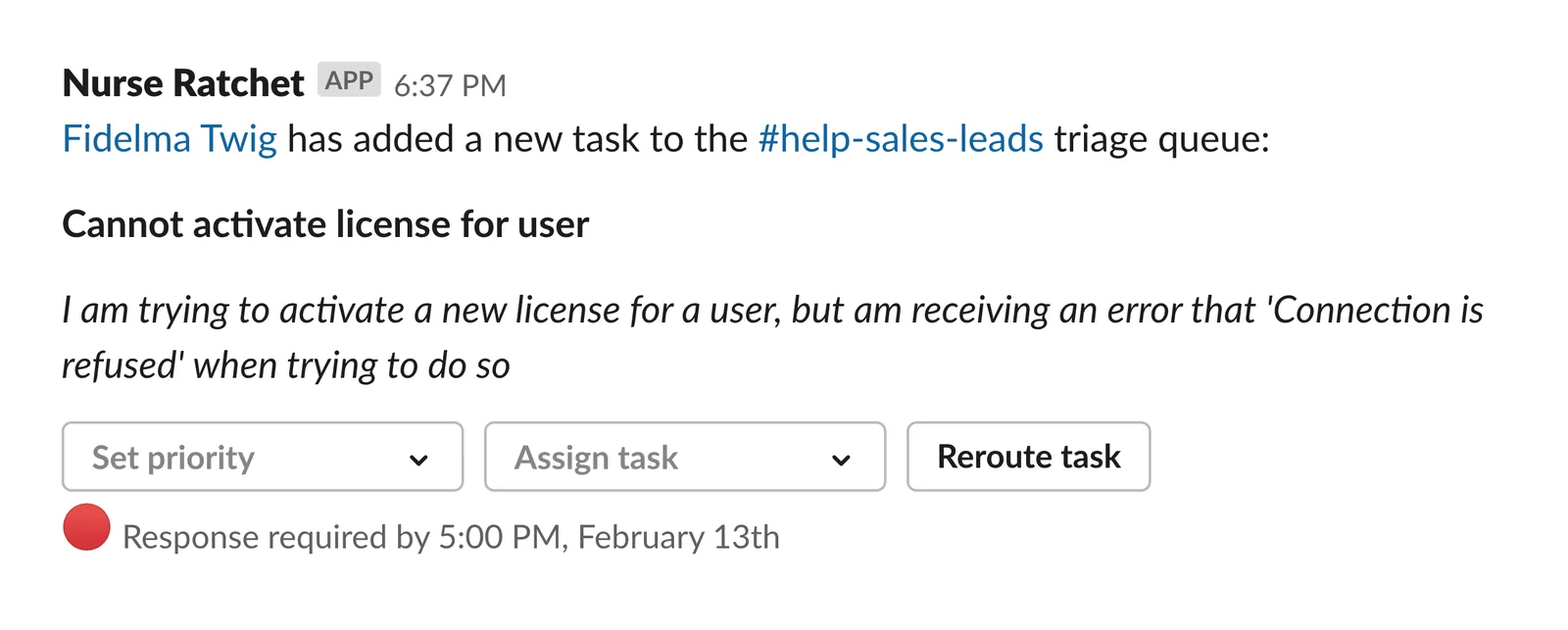 Slack 앱 봇이 채널에 보낸 마감 기한 알림 메시지 예시