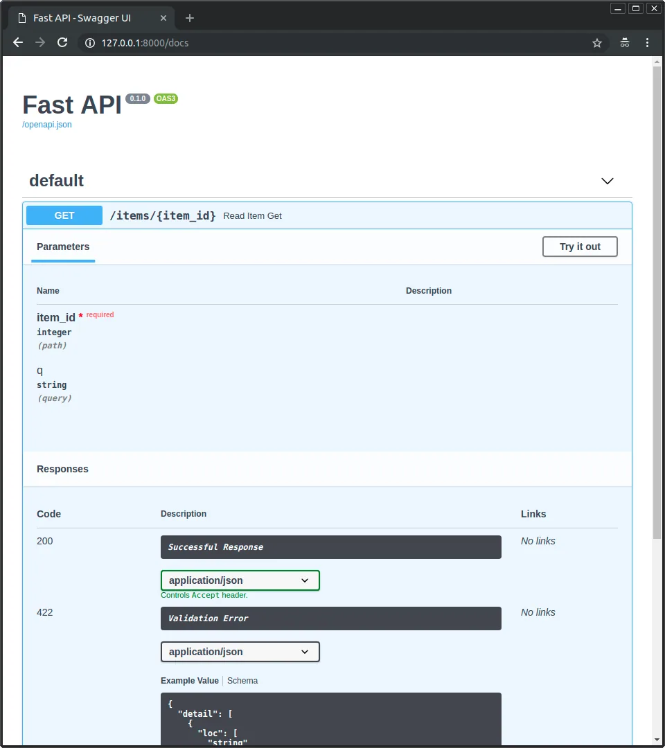 로컬에서 띄운 FastAPI 백엔드의 자동 API 문서 화면
