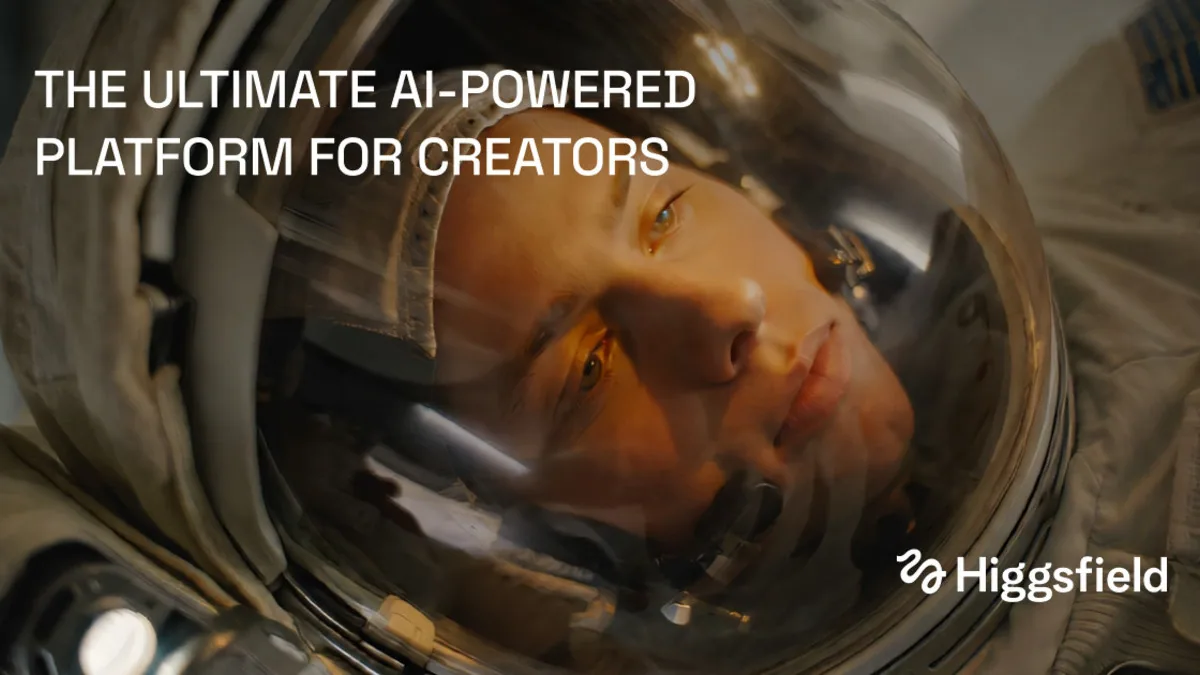 우주복 헬멧 속 인물 클로즈업과 THE ULTIMATE AI-POWERED PLATFORM FOR CREATORS 문구가 담긴 힉스필드 공식 대표 이미지