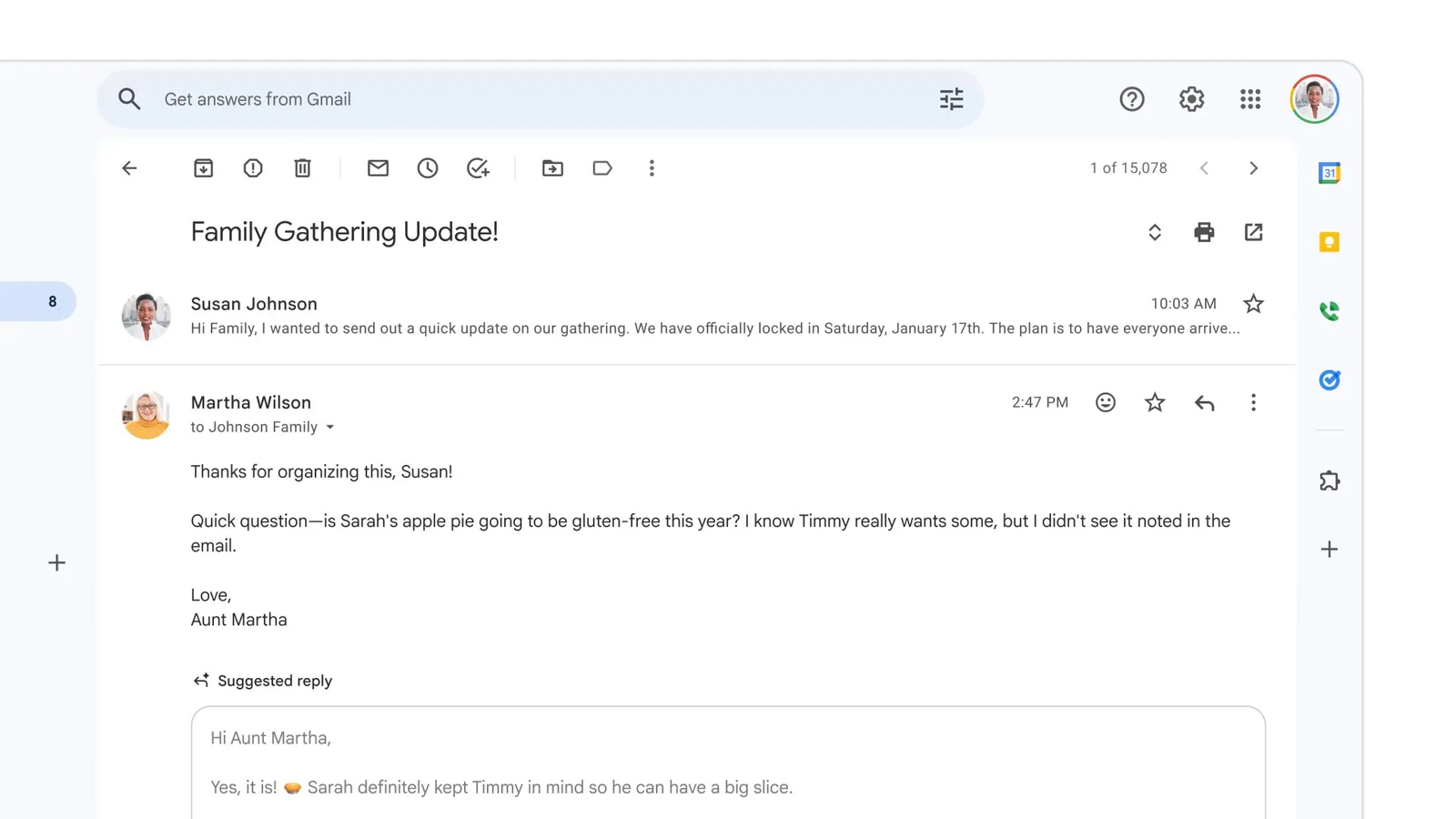 Gmail에서 Gemini가 답장 초안을 제안하는 화면