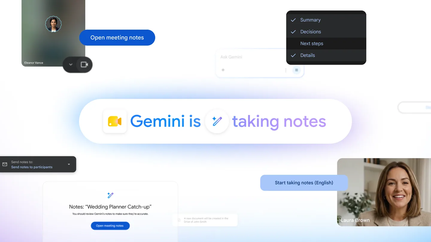Google Meet에서 Gemini가 회의록을 작성하는 화면