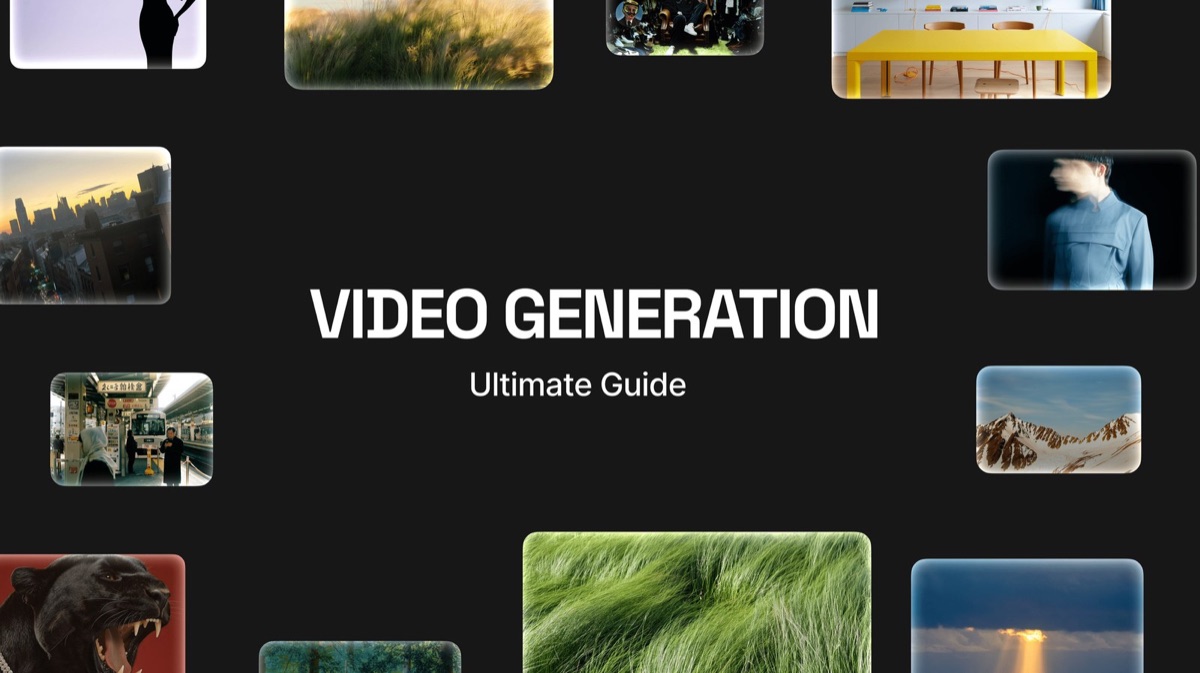 The words "VIDEO GENERATION Ultimate Guide" on a black background surrounded by thumbnails of generated videos such as a city skyline at dusk, grassland, snowy mountains and a black panther, the hero image of Higgsfield's beginner guide to AI video. Source: Higgsfield official blog