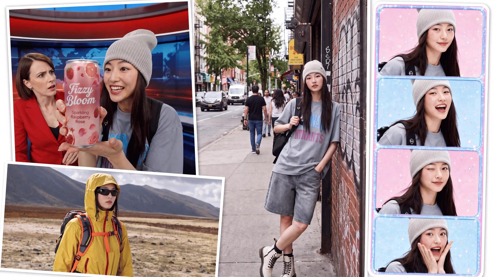 Collage of the same woman in a beanie appearing in a news studio, on a street, in a photo booth and on a hike; the hero image of Higgsfield's Apps announcement. Source: Higgsfield official blog (Apps announcement)