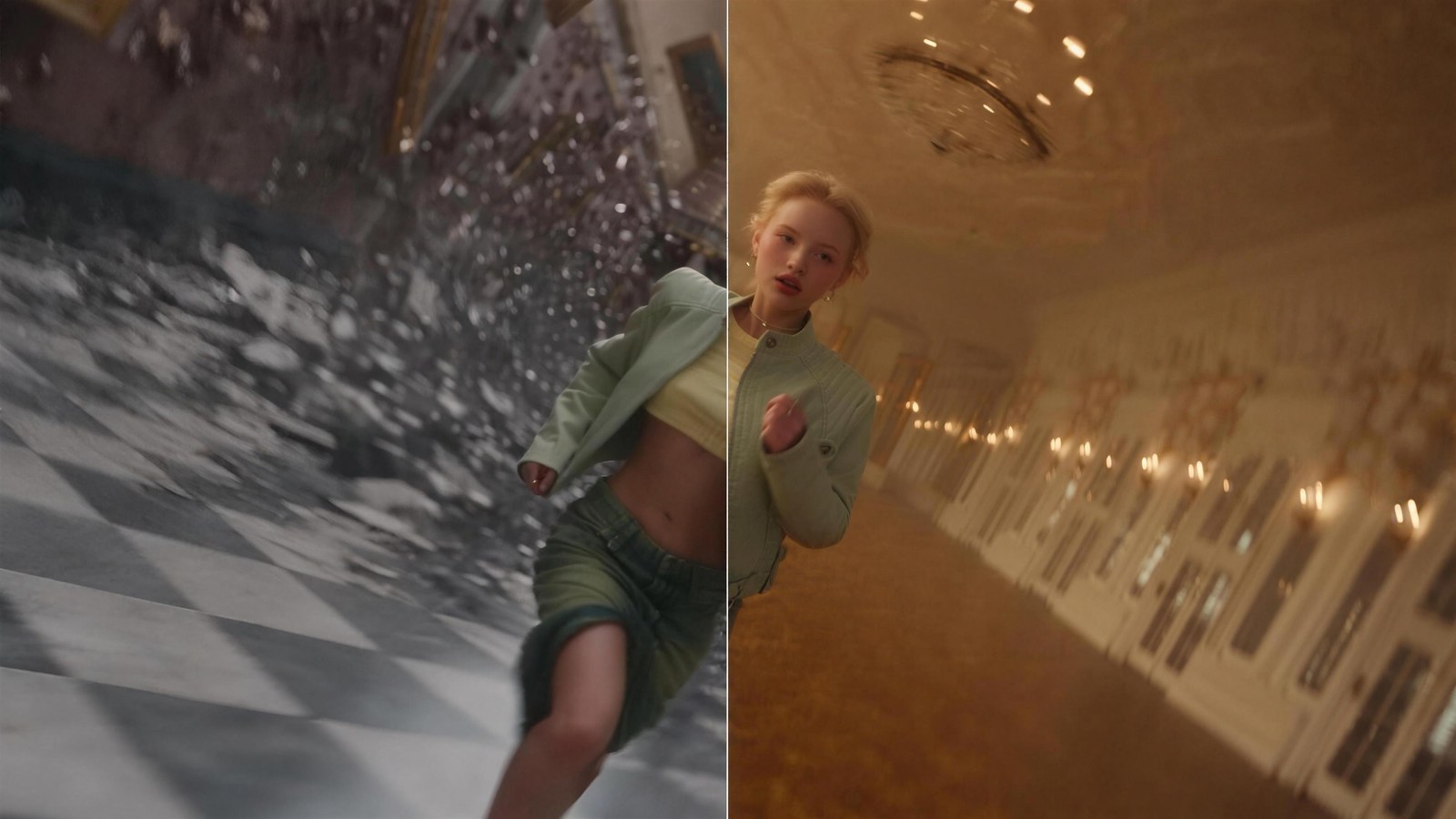 The same woman running down a hallway shown in two scenes, a black-and-white checkered room on the left and a chandelier-lit corridor on the right, illustrating how Genjutsu keeps the motion and changes the scene. Source: Higgsfield official blog (Genjutsu introduction)